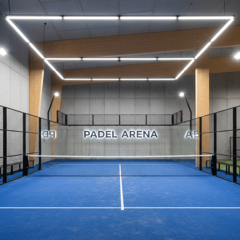 Professional indoor padel court with bright LED lighting and modern construction materials