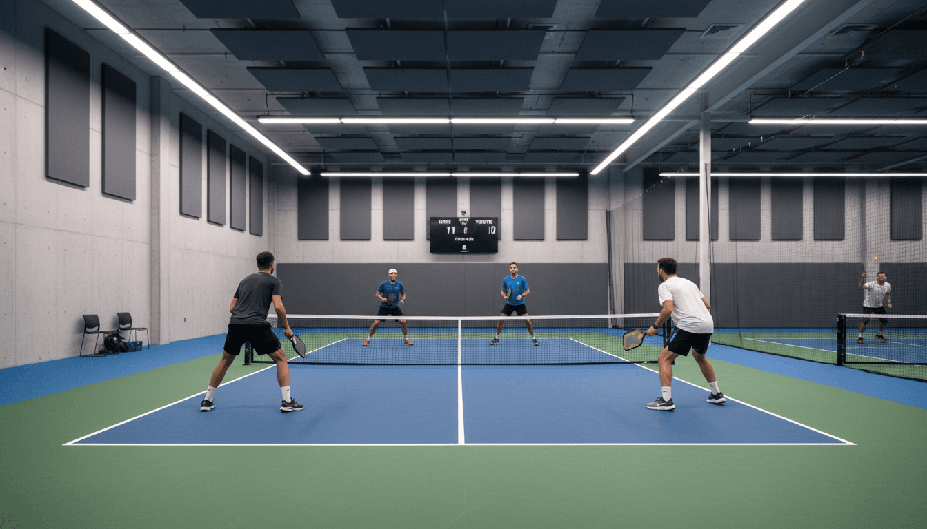 Pickleball players on a professionally installed indoor court with modern lighting and clear court markings