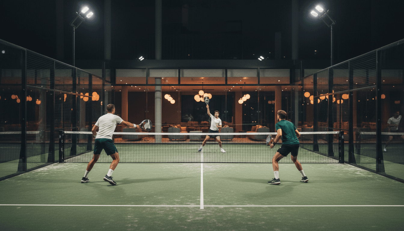 Two pairs of players competing in a padel rally on professional glass-backed court with stadium lighting