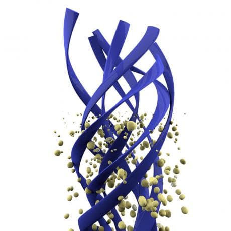 Intertwined blue helical ribbons surrounded by small yellowish particles against a plain white background.