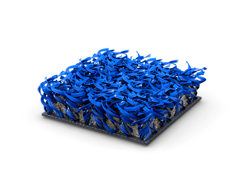 Square sample of blue synthetic turf featuring dense curly fibers on a sandy base.