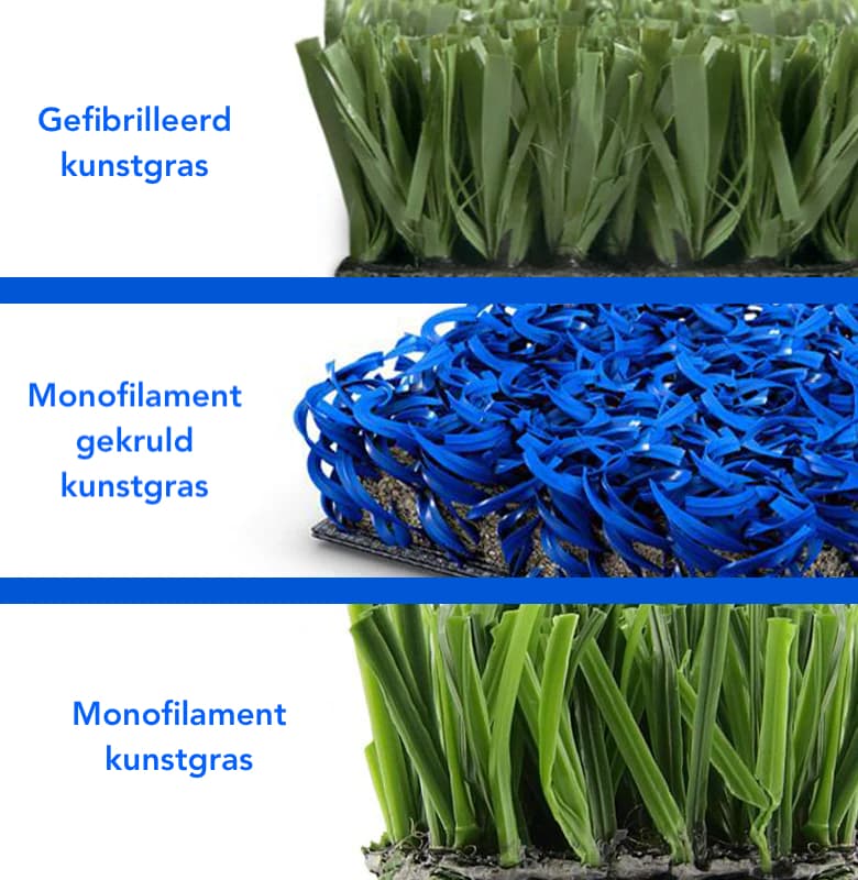 Comparison of fibrillated green, curled blue monofilament, and straight green monofilament artificial turf types.